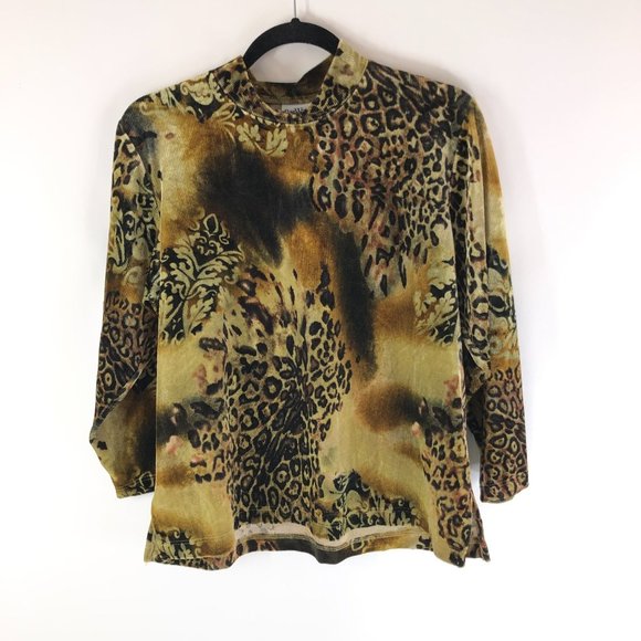 BonWorth Womens Top Vintage Ribbed Velour Mock Neck Leopard Brown Yellow XSP - Picture 1 of 3